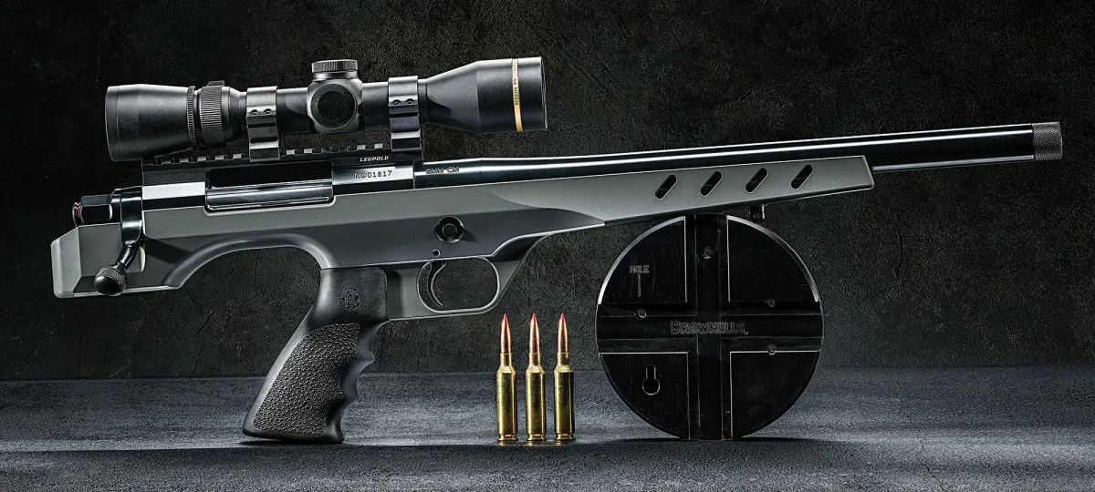 XWSBURCJUUJXNR2V2N7A6YAO44 Nosler 48 Independence Pistol 15″ threaded matte black barrel Gun Metal Gray stock Hogue rubber grip